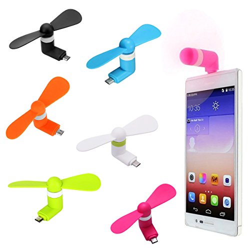 Set of 6 fans (each individually packaged) | Compatible with devices that have a MicroUSB connector with OTG functionality | Includes 1 Black, 1 Blue, 1 White, 1 Orange, 1 Lime Green, 1 Hot Pink | NOT COMPATIBLE WITH iPhone/iPad, also not compatible with devices that use a USB-C connector | If the fan is not operating when plugged in, your phone may need the OTG function enabled. The easiest way to enable this function is to search for the term 