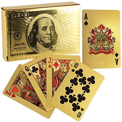 Durable Waterproof Deck of 24K Gold Foil Playing Cards with Hundred Dollar Bill Design