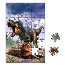 Load image into Gallery viewer, Tyrannosaurus (T-Rex) vs Triceratops dinosaur jigsaw puzzle, 48x jumbo pieces | Suitable for children 4+ years | Measures 34 x 22 inches once assembled | Comes with a large (34.25&quot; x 9.84&quot;) dinosaur poster | 
