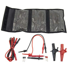 Load image into Gallery viewer, 1 each red and black extra large insulated alligator clip set (AL 10481) with screw-on type receptacles | 1 each red and black modular test probes (TL1052) with two types removable tips | 1 each red and black IC hook test lead set (TL1056) which mate with flexible test leads | 1 each red and black 48&quot; flexible test leads (TL1054) with straight DMM plug on both ends | All leads and accessories come in velcro closable storage sections

