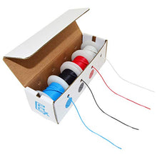 Load image into Gallery viewer, 30 Gauge Stranded Hook Up Wire Kit | Includes 4 Different Color 25 Foot Wire Spools: Blue, Black, Red, and White | Spools are contained in a cardboard dispensing box, which keeps hook-up wire neat and clean | Wire Material: Tinned Copper, Voltage Rating: 300V | PVC Insulation Diameter: 1.13mm, Temperature Rating: 80 Degrees Celsius
