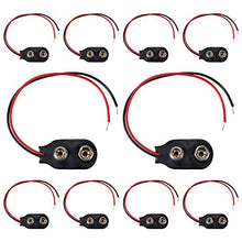 Load image into Gallery viewer, 10 Pack of I-Type 9V Battery Snaps with red and black leads | Dimensions: 1.17&quot; x .63&quot; x .27&quot; | Leads measure approximately 5.5 inches
