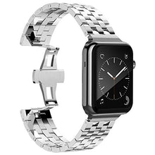 Load image into Gallery viewer, Designed as replacement Band for Apple Watch 42mm and 44mm | NOT COMPATIBLE WITH 38mm or 40mm | Band and connection adapters only (Apple Watch / iWatch and Adjustment Tools Not Included) | Band Material: Precision stainless steel band with connection adapters | Length: 7.25&quot; (can be shortened by removing links)
