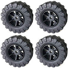 Load image into Gallery viewer, 4 Pack of black tires, Diameter: 36mm, Width: 16mm | Ideal for robotics projects, remote controlled cars or trucks, and other DIY toys and models | Made of soft plastic rubber material | Each tire features a glossy black 6-spoke rim | Also suitable as replacement tires, or to be kept on hand as spares

