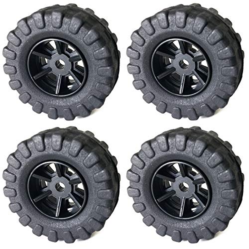 4 Pack of black tires, Diameter: 36mm, Width: 16mm | Ideal for robotics projects, remote controlled cars or trucks, and other DIY toys and models | Made of soft plastic rubber material | Each tire features a glossy black 6-spoke rim | Also suitable as replacement tires, or to be kept on hand as spares