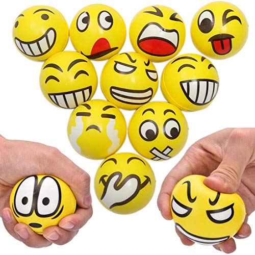 Pack of 12 soft, squishy stress balls that feature an assortment of smiley faces (please note that you may receive duplicates) | Light and easy to carry so you can bring them with you or keep one in each room, your car, at the office, or in your handbag | Each ball is a vibrant yellow color and measures 2.4 inches | Helps to decrease stress, relieve stiffness, and relax your muscles and joints | Great as party favors, arcade prizes, stocking stuffers, office gift, or a classroom reward for students
