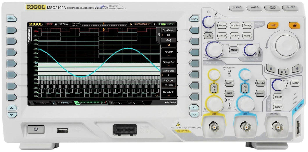 100 MHz, 2 Channel Mixed Signal Oscilloscope with 2 GSa/sec and 14 Mpts memory standard as well as low noise front end. 50 Ohm input and 2 ch source embedded | 100MHz Bandwidth, 16 Digital Channel MSO with sources | 2 Analog Channels | Calculated Rise Time: 3.5ns | Lower noise floor, Wider vertical range: 500uV/div