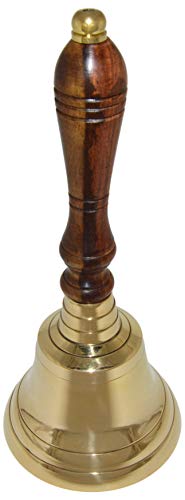 Solid polished brass bell with comfortable wooden handle | Measures 8.5 inches tall and 3.75 inches wide — it is the perfect size bell to keep on a desk | Despite it's antique look, it is a fully functional bell with an impressive ringing sound that can be heard from a long distance away! | Features a vintage design that is reminiscent of the handbells that school teachers used to ring to let students know to return to school after their mid-day break | Perfect to use as a dinner bell, school be