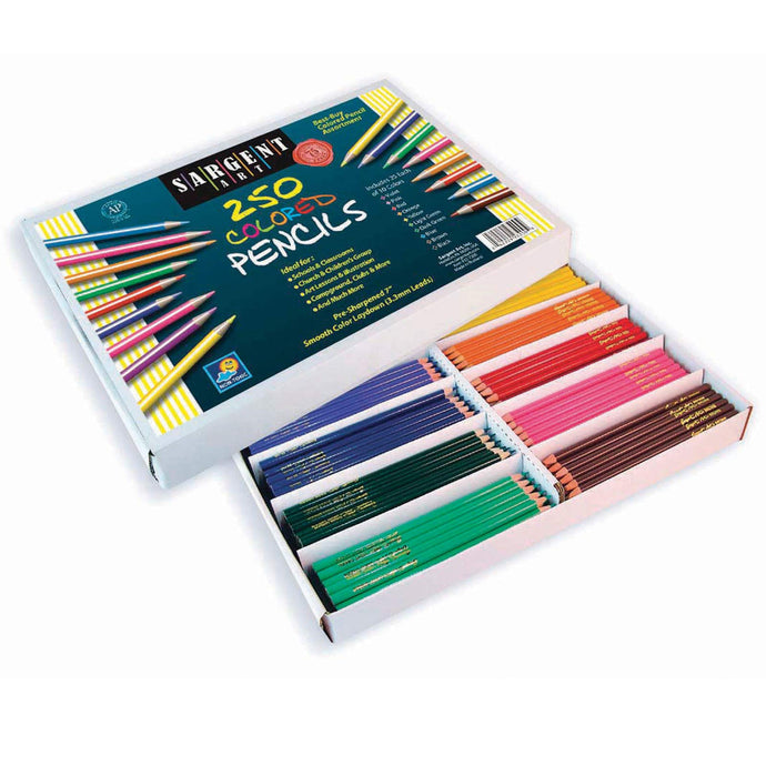 250 pre-sharpened colored pencils, re-sharpen as needed | 25 pencils each in 10 assorted vividly colored hues | AP-certified non-toxic formula | Includes handy reusable box for storage and transport | Measures approximately 11 by 15-4/5 by 8-1/5 inches