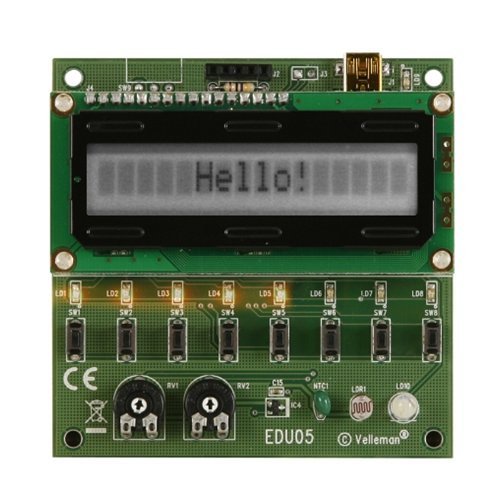 part of our EDUKIT range | starting from an already made example program  this module will teach you how to: | read up to 8 push buttons and activate a PC event | light up to 8 LEDs using your PC | read the value of 2 different potentiometers (analog value)