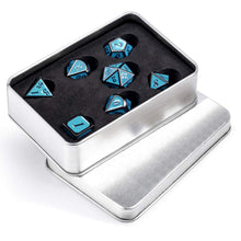 Load image into Gallery viewer, Set of 7 Metal Dice Set with Storage Box - Turquoise with Gunmetal Numbers - Includes D4, D6, D8, D10, D12, D20 and D%
