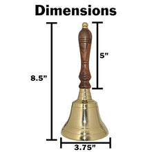Load image into Gallery viewer, Large School Bell, Polished Brass Metal Handbell, Gold Color with Brown Wooden Handle - Measures 3.75 Inches Wide and 8.5 Inches Tall
