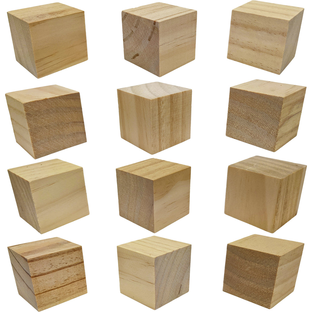 12 Pack Unfinished Birch Wood Blocks, 2 Inch Natural Wooden Cubes with Smooth Surface for Painting, Arts, Crafts