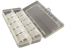 Load image into Gallery viewer, Small parts storage box with snap-to-close clear lid | Measures 10&quot; x 4.7&quot; x 1.5&quot; | Includes 10 removable divider pieces that can be inserted into the 2 compartment trays to accommodate different sized items | Durable polypropylene construction | Perfect for holding screws, electrical components, and other small parts for tasks such as phone or tablet repairs, hobby modeling, and crafting
