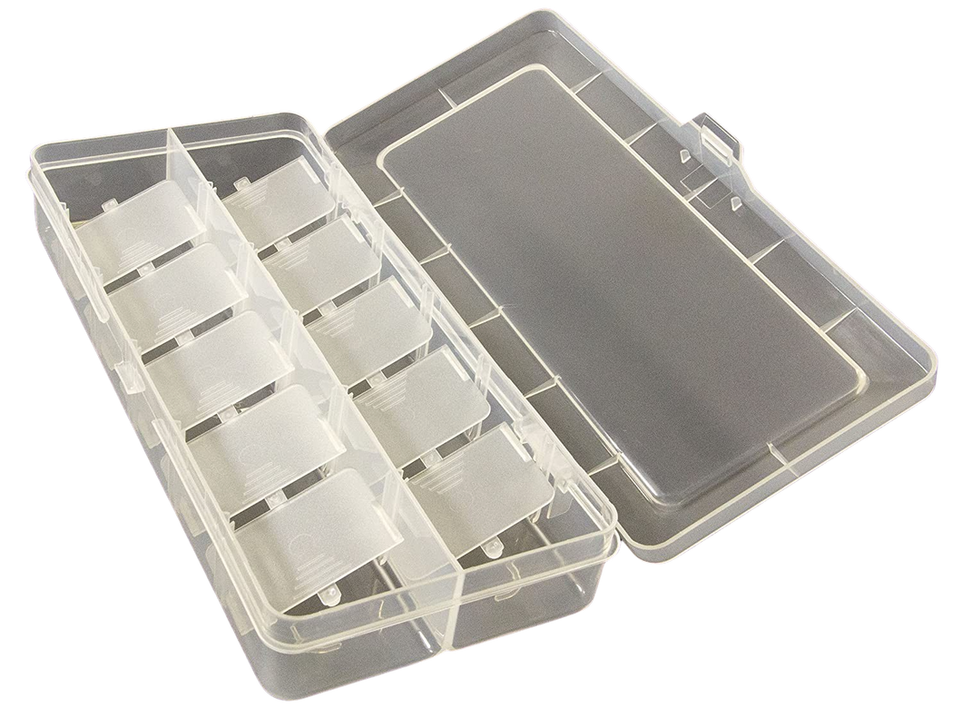 Small parts storage box with snap-to-close clear lid | Measures 10