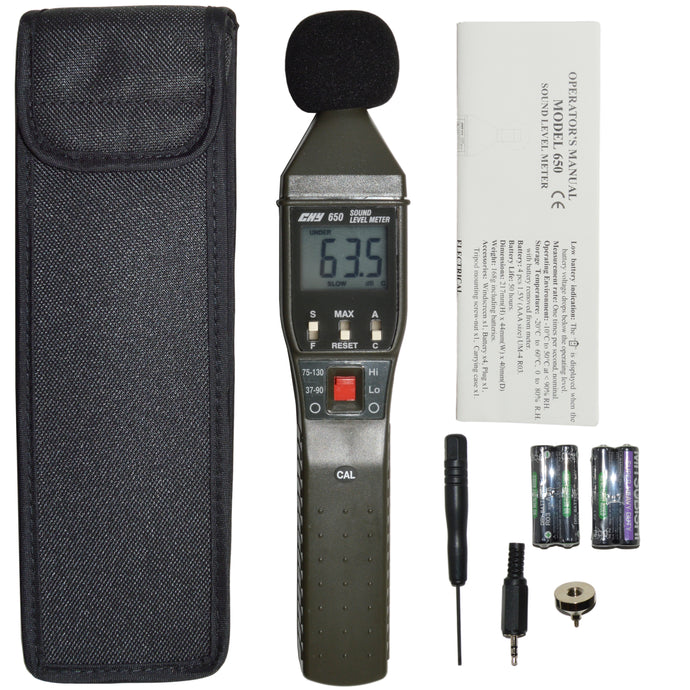 Portable, easy to use, 3½ digit digital sound level meter designed for simple one hand operation | Meets the following standards: IEC 651-1979 Type 2, ANSI S1.4-1983 Type 2, JIS C 1502 | Range: Lo Mode: 37db to 90db, Hi Mode: 75dB to 130dB. Accuracy: +/- 1.5dB (ref 94dB @ 1KHz). | Two Time Weighing Options: S (SLOW): for normal measurements, F (FAST): for checking average levels of fluctuating noise
