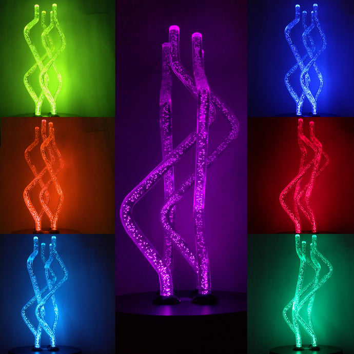 Rotates smoothly lighting up any room with 8 alternating colors | Colors: Sky Blue, Blue, Purple, Pink, Red, Orange, Yellow, Green | Can plug and play with the included USB plug or use wirelessly with 3x AA batteries | Touch sensor on base to effortlessly turn the light on and off | Height: 12