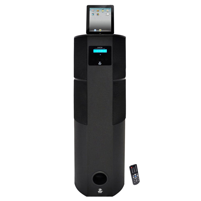 iPod/iPhone/iPad/MP3 AUX Input - Real 2.1 Channel Output - Touch Key Control System - Mid Range Driver: Dual 3.5 Inch - Wood Construction w/ Beautiful Exterior | S-Video Output - Full Function Remote Control - LCD Display - Tweeter: Dual 1.0 Inch - Dimensions: 15.2'' x 11.4'' x 42.1'' | Built-In FM Radio with Memory - Independant Control of Each Channel - Output Power: 600Watts - Subwoofer: 8 Inch - Net Weight: 35.8 Lbs | Alarm Clock Control and Time - iPod/iPhone/iPad Can Be Controlled Through 
