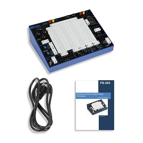 Breadboard workstation for analog, digital, and microprocessor instruction and design | Two open-collector pulsers, built-in waveform generator, and logic probe with pulse capture for circuit experimentation, construction, and analysis | Removable breadboard area with 3,360 tie-points | 4.5 x 15 x 10.75 inch (H x W x D) high-impact metal case | Accepts 120/240 V AC, 50/60 Hz input power, 3-prong plug