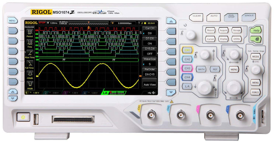 70 MHz Mixed Signal Oscilloscope with 4 analog channels as well as 16 digital logic channels plus 24 Mpt memory and 1 GSa/sec sampling | 70MHz Bandwidth | 4 Analog channels | 16 Digital channels MSO | Now includes FREE software bundle BND-MSO/DS1000Z built into the unit
