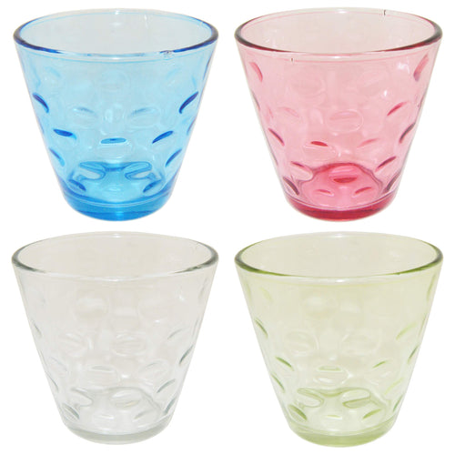 Pack of 4, includes Blue, Clear, Green, Pink | These elegant glasses are great for whiskey, water, wine, beer, iced tea, and other drinks | Each glass measures 3.3 inches wide at the top, 2 inches at the base, and are 3.1 inches tall | The unique glass shape enhances the beverages aromas and flavors | 