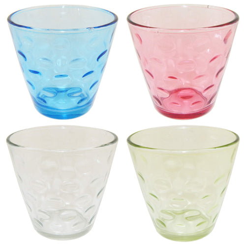 Pack of 4, includes Blue, Clear, Green, Pink | These elegant glasses are great for whiskey, water, wine, beer, iced tea, and other drinks | Each glass measures 3.3 inches wide at the top, 2 inches at the base, and are 3.1 inches tall | The unique glass shape enhances the beverages aromas and flavors | 