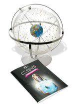Load image into Gallery viewer, Transparent 12&quot; celestial globe maps constellations for students studying astronomy in grades 5-12 | Printed 3.3&quot; earth globe and 3/4&quot; yellow sun mounted inside the star globe rotate independently and demonstrate the earth&#39;s apparent relationship to the stars, planets, and galaxies | Poles adjust for the month and day to show the positions of the stars relative to the calendar | Mounted in full horizon and meridian base for stability | Teacher&#39;s guide provides 13 activities and seven student worksheets
