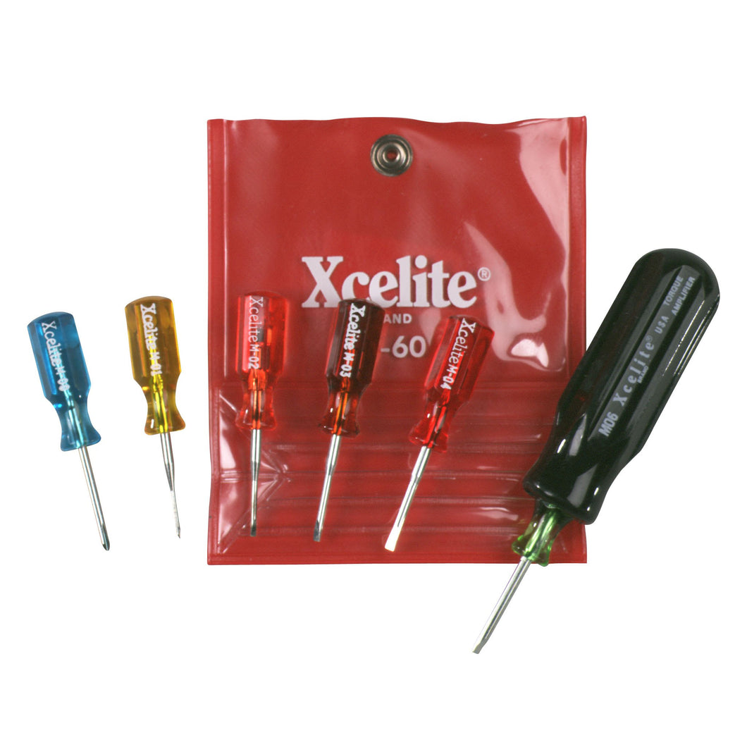 Miniature version of compact convertible set | For precise detailed work | Mini-drivers consist of jeweler's type and Phillips screwdriver blades | Molded in color-coded plastic handles | Contains a black torque amplifier handle
