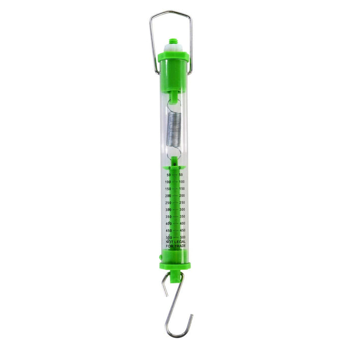 Tubular Spring Scale 500g / 5 Newtons | Top is flat on one side so that the scale can be used with an inclined plane | Clear plastic tube so that students can see the action of the spring | Color: Green | 