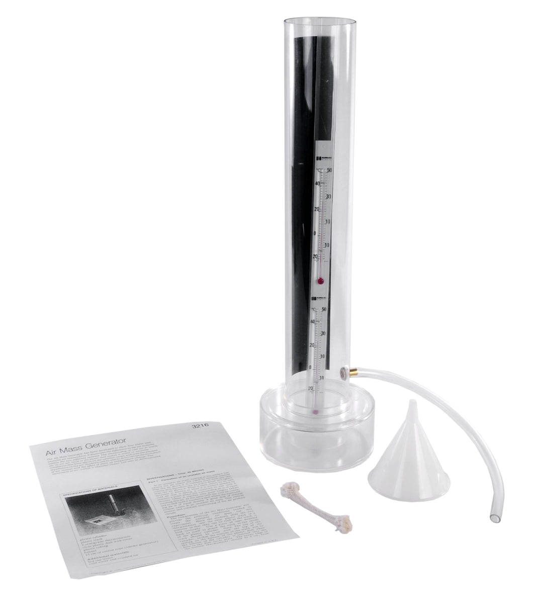 Air mass generator kit for study of air mass formation and relationship of temperature to air mass | Integral thermometers set in tube at different heights for measuring temperature variation with altitude | Tube with thermometers, convection chamber, tubing, funnel, and smoke generator for demonstration | Teacher's guide for instructional use | Suitable for grades 6 to 12 and ages 11 to 18