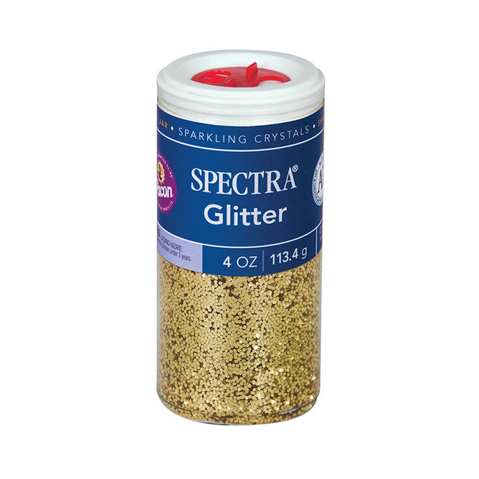 Bring sparkle and shine to any project | Hexagon-shaped plastic glitter crystals | Glitter is non-toxic and conforms to ASTM D-4236 | Plastic dispensing jar has a variety of slot openings to reduce messes | 4-ounce jar of Gold glitter