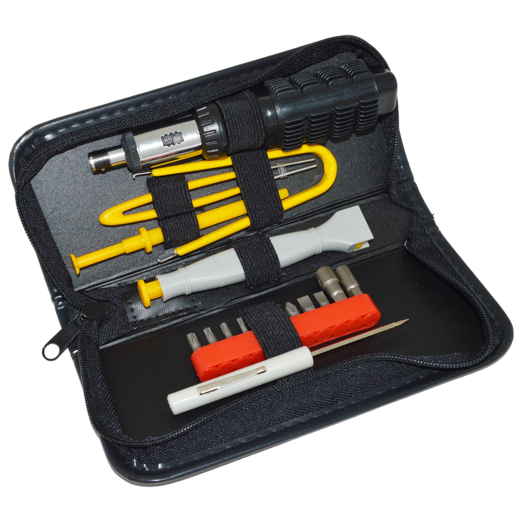 19 piece tool set featuring the most popular tools for computer repairs and upgrades | IC Extractor, IC Inserter, Tweezers, Combination Phillips/Slotted mini screwdriver with pocket clip | 3-way ratchet driver (forward, lock, and reverse) with rubber grip handle that holds bits. | Included bits: T8, T10, T15, T20, T25, two sizes slotted, two sizes Phillips, and 3/16