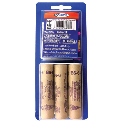 The Estes B6-6 engine is an upper stage engine designed for model rocket flight | This engine can also be used as a single stage engine in lightweight rockets | Each package includes 3 engines, 4 starters and 4 plugs | PLEASE NOTE: This item will ship by US Postal Service only | You MUST HAVE a physical mailbox or post office box for delivery