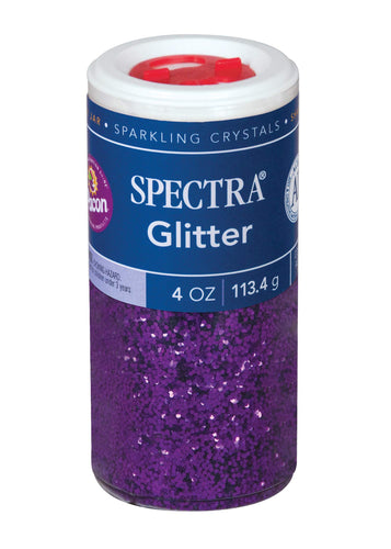 Bring sparkle and shine to any project | Hexagon-shaped plastic glitter crystals | Glitter is non-toxic and conforms to ASTM D-4236 | Plastic dispensing jar has a variety of slot openings to reduce messes | 4-ounce jar of Purple glitter