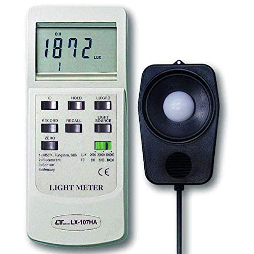 Measuring Range: 0 to 100000 Lux; Resolution: 1 Lux for < 2000, 10 Lux for 20000, 100 Lux for < 100000 | Spectrum meets C.I.E. standard, sensor cosine correction factor meets standard | Wide range measurement both for Lux & Foot Candle units | Four lighting type selection: Tungsten, Fluorescent, Sodium, Mercury | Large LCD display with data hold. Records Maximum, Minimum and Average readings.