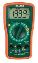 Load image into Gallery viewer, Compact manual ranging multimeters with 8 functions including temperature | Large easy to read digital display | AC/DC voltage, DC current, resistance, Type K temperature, continuity/diode | 1.5V and 9V Battery test function | Convenient mini size with protective rubber holster and tilt stand

