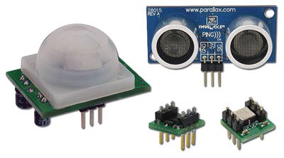 Four of Parallax's most popular sensors are brought together in this sample pack | Kit Includes: PING))) Ultrasonic Distance Sensor, Memsic 2125 Dual-axis Accelerometer, ColorPAL Color Sensor, PIR Motion/Proximity Sensor | These smart sensors detect distance, tilt and acceleration, color, and proximity or motion | Use them independently, or combine them to create an elaborate project | 