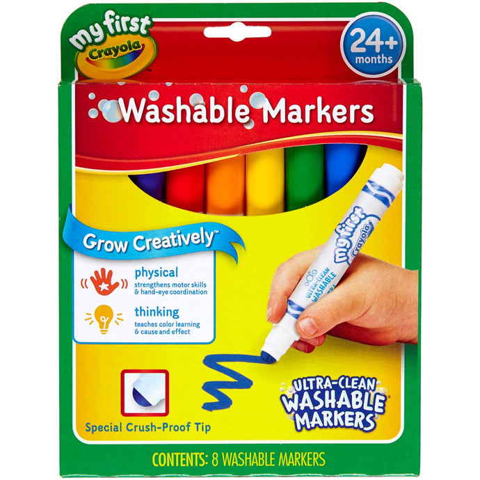 FOR LITTLE FINGERS: Traditional round shape provides a transition to a mature writing grip, secure tip can't be crushed or removed by little fingers. Round tip makes colorful strokes at any angle. Includes 8 ultra-clean washable markers in classic colors. | WASHABLE COLORS: From washable markers & washable gel pens to washable crayons & washable paints, we'll help keep your creative kid clean & creative with products that easily wash from children's skin and most washable clothing. | CREATIVE PR
