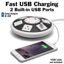Load image into Gallery viewer, ETL Certified Round Power Strip - 5 Outlets with Surge Protection, 2 USB Charging Ports, and On/Off Button
