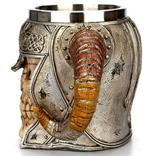 Load image into Gallery viewer, Viking Skeleton Mug with Horn Handles - Stainless Steel Cup Holds 17 Ounces - Gothic Medieval Tankard

