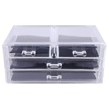 Load image into Gallery viewer, Organizes your jewelry, lipstick, mascara, lipgloss, foundations, concealers, and more! | Features 4 drawers (2 wide and 2 medium) that slide out smoothly and can be removed completely for easy access | Each drawer has a removable liner that helps keep jewelry in place | Durable, high quality acrylic construction | Suitable for both professional and home use
