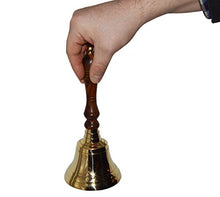 Load image into Gallery viewer, Large School Bell, Polished Brass Metal Handbell, Gold Color with Brown Wooden Handle - Measures 3.75 Inches Wide and 8.5 Inches Tall
