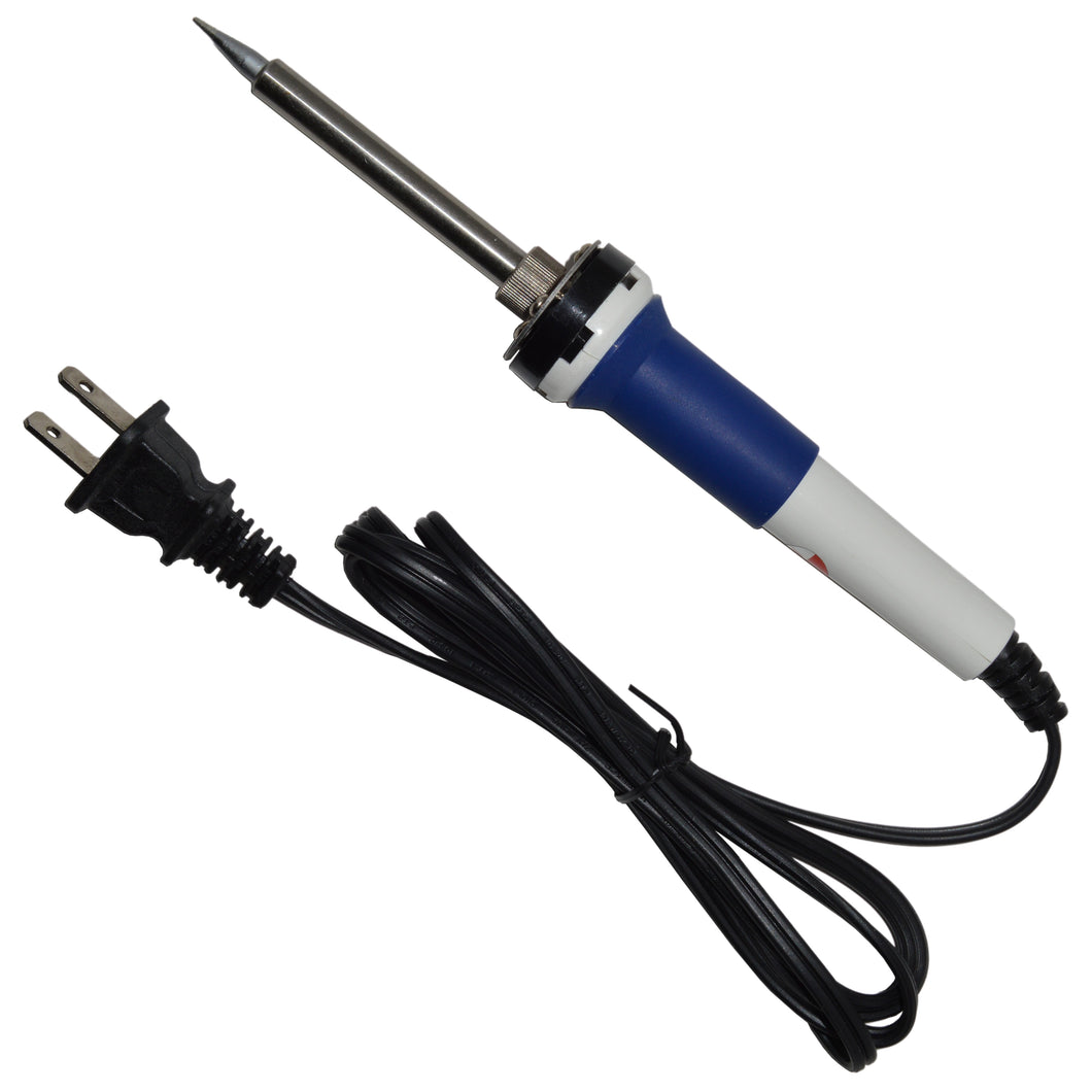 30 Watt soldering iron | Conical tip | High visibility white handle with blue rubber sleeve for extra comfort and grip | 3.5 foot power cord with 2 prong plug | 