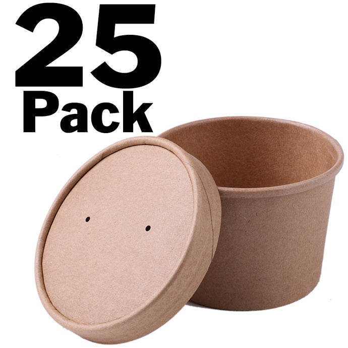 Pack of 25 | Disposable 8 oz soup containers with vent hole lids, Brown color | Made of high quality, high and low temperature resistant kraft paper | Laminated to prevent leaks and reduce the formation of condensation on the outside | Perfect for transporting, serving, and storing both hot and cold liquids