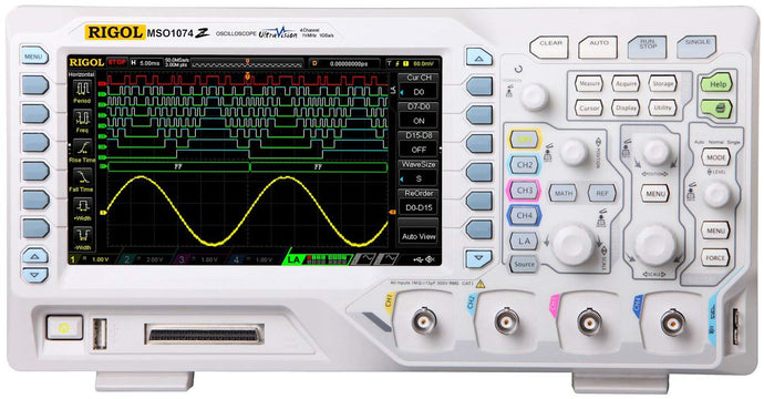 70 MHz Mixed Signal Oscilloscope with 4 analog channels as well as 16 digital logic channels, and a 25 MHz, 2 ch source plus 24 Mpt memory and 1 GSa/sec sampling | 70MHz Bandwidth | 4 Analog channels | 16 Digital channels MSO | Now includes FREE software bundle BND-MSO/DS1000Z built into the unit