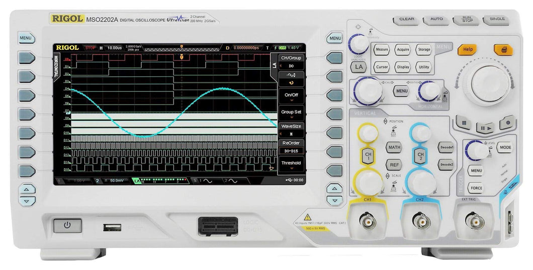 200 MHz, 2 Channel Mixed Signal Oscilloscope with 2 GSa/sec and 14 Mpts memory standard as well as low noise front end. 50 Ohm input and 2 ch source embedded | 200MHz Bandwidth, 16 Digital Channel MSO with sources | 2 Analog Channels | 2.000 ns/div to 1.000 ks/div Time Base Scale | Calculated Rise Time: 1.8ns