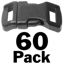 Load image into Gallery viewer, Pack of 60 Arched Plastic Side Release Buckles | Designed to fit 1/2 inch webbing or straps | Ideal for DIY bracelets, collars, belts, harnesses, backpacks, and more | Dimensions: 1.5&quot; x 0.7&quot; x 0.3&quot; | 
