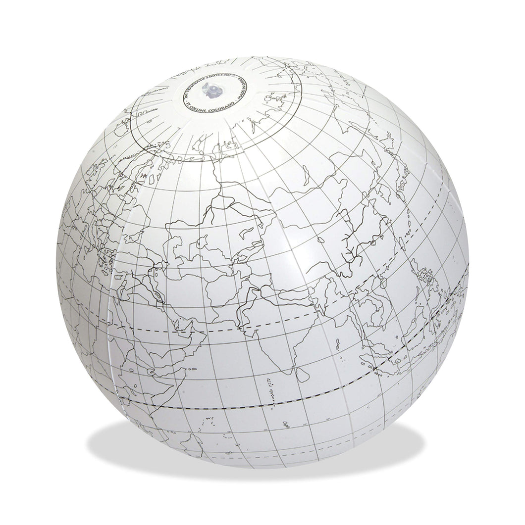 Students in all grades can practice their geography skills with this inflatable and writable globe | This ball may be used over and over again with a wet erase marker | Includes repair patch | For all grades and ages from 5 to 18 years | 24