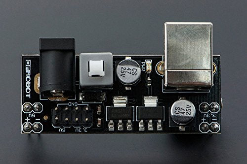 Input Voltage: 6-12vdc,  recommended 9V wall power supply(power Jack); 5V (USB type-b) | Output Voltage: 3.3V/5V | Output current: 500mA | On/off switch | Power status LED