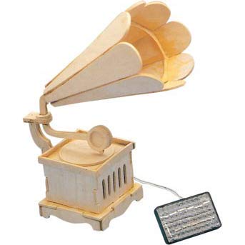 Experiment with solar energy by building your own gramophone with solar powered music! | Kit comes complete with pre-cut plywood, assembly instruction manual, solar cell module, musical IC, 3 foot cable, and sandpaper | When the solar cell module is placed in direct sunlight it generates power that is carried through the cable wire to the musical IC which plays music! | A lovely melody plays for as long as there is sunlight | No soldering is required!